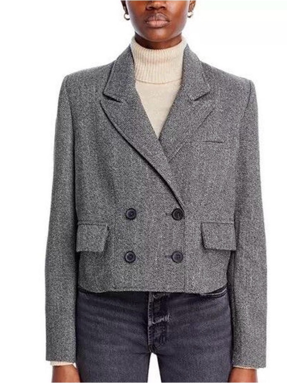 Free People Gray Double-Breasted Cropped Blazer
